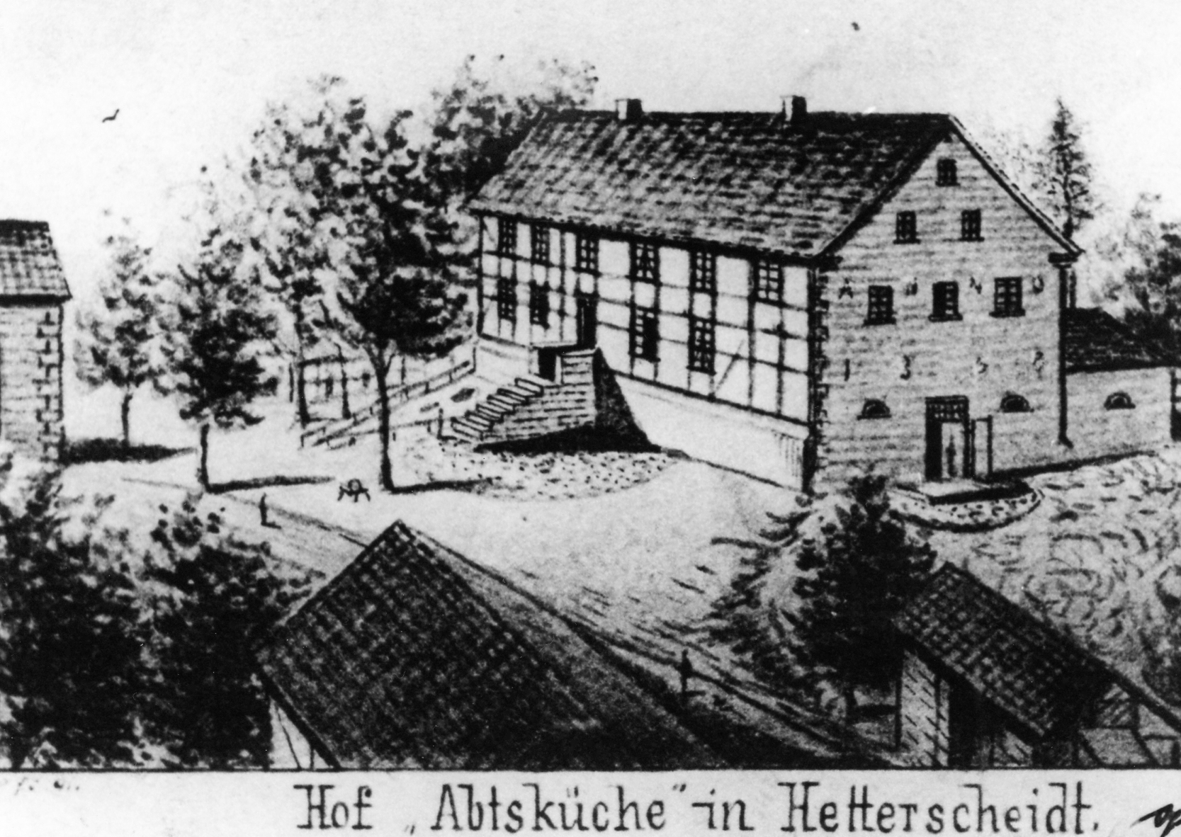 Abtskücher Hof auch Hof Hetterscheidt genannt1865 Zeichnung von Lehrer Hellmich im Vordergrund die alte Kornmühle